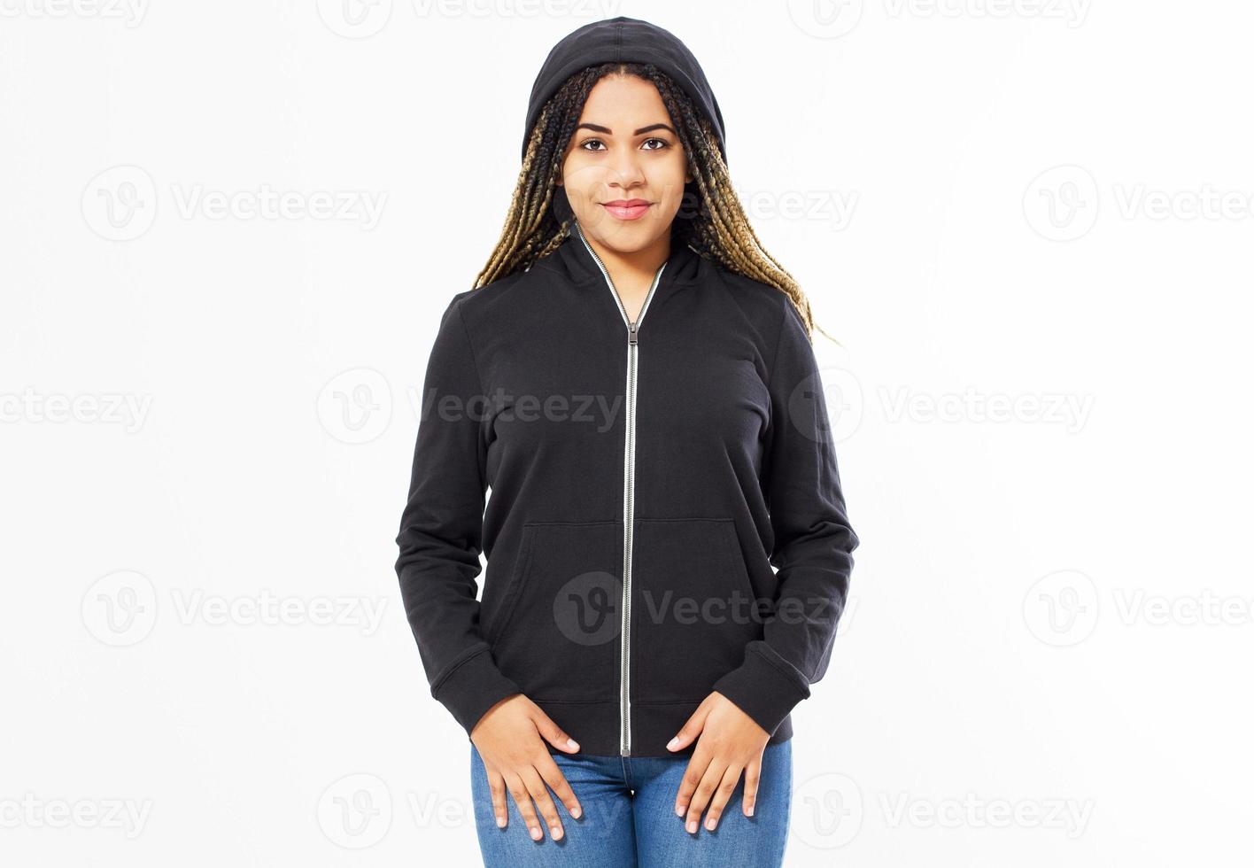 Afro american sweatshirt mock up isolated. Female wear dark hoodie mockup. Plain hoody design presentation. Pullover for print. Woman clothes grey sweat shirt template. photo