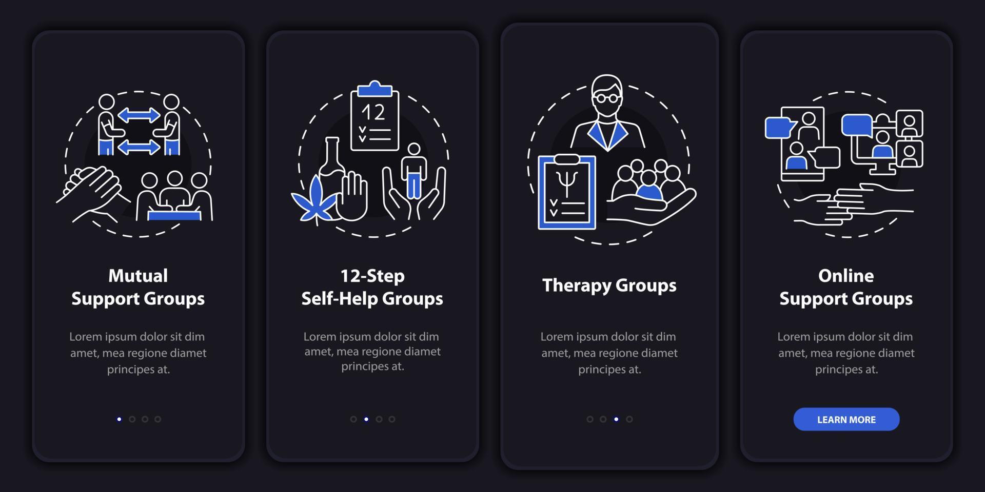 Health-related support groups night mode onboarding mobile app screen. Walkthrough 4 steps graphic instructions pages with linear concepts. UI, UX, GUI template. Myriad Pro-Bold, Regular fonts used vector