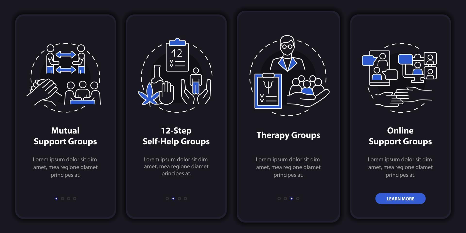 grupos de apoyo relacionados con la salud incorporando el modo nocturno a la pantalla de la aplicación móvil. tutorial 4 pasos páginas de instrucciones gráficas con conceptos lineales. interfaz de usuario, ux, plantilla de interfaz gráfica de usuario. innumerables fuentes pro-negrita y regulares utilizadas vector