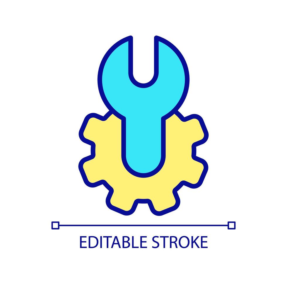 Device repair RGB color icon. Computer issue resolving. Smartphone troubleshooting. Spanner and gear. Isolated vector illustration. Simple filled line drawing. Editable stroke. Arial font used