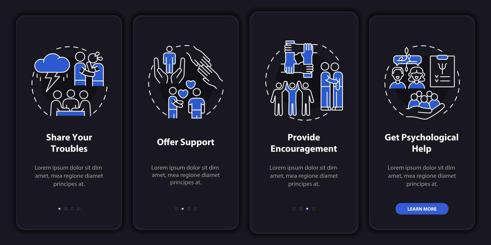 Support group activities night mode onboarding mobile app screen. Walkthrough 4 steps graphic instructions pages with linear concepts. UI, UX, GUI template. Myriad Pro-Bold, Regular fonts used vector