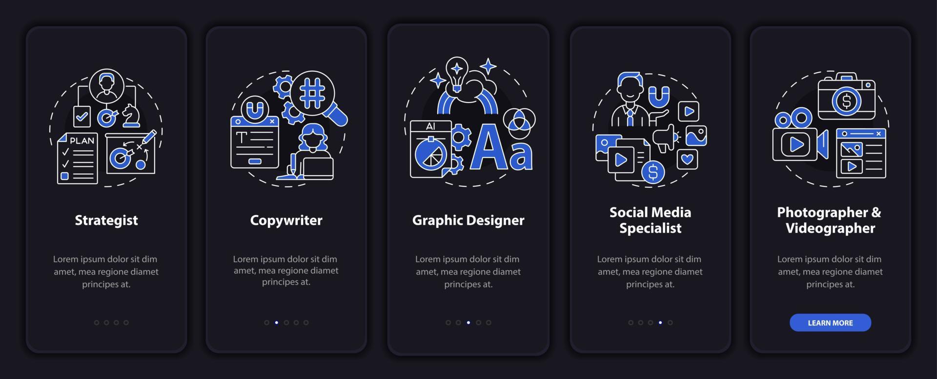 Digital marketing workers night mode onboarding mobile app screen. Jobs walkthrough 5 steps graphic instructions pages with linear concepts. UI, UX, GUI template. Myriad Pro-Bold, Regular fonts used vector