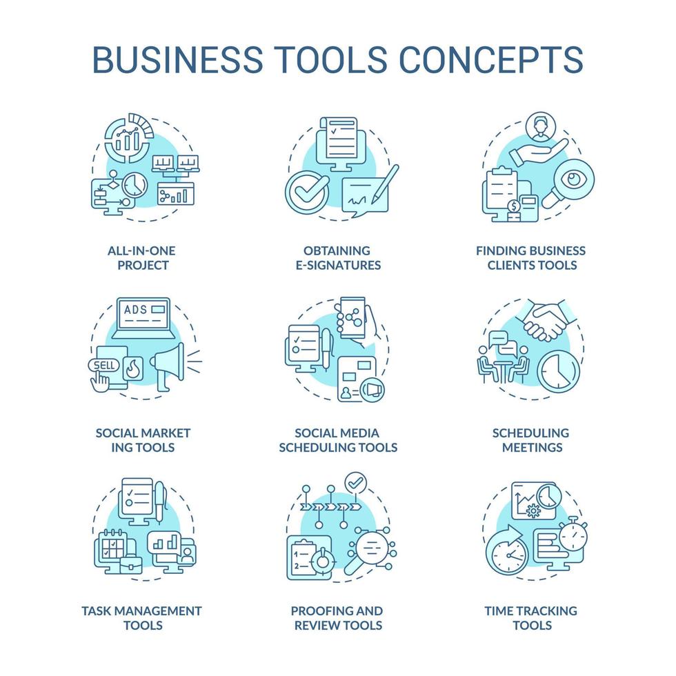 Business tools turquoise concept icons set. Time tracking idea thin line color illustrations. Proofing and review. Isolated outline drawings. Editable stroke. Roboto-Medium, Myriad Pro-Bold fonts used vector