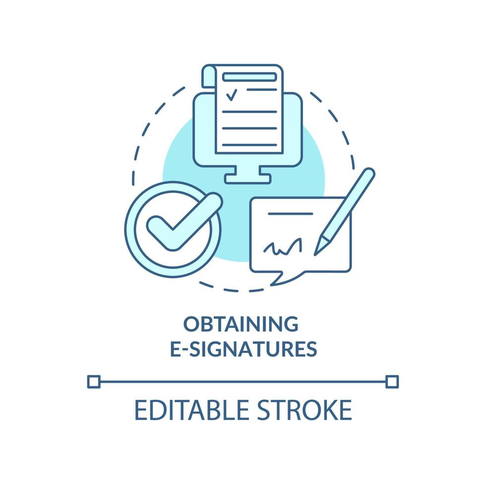obtener firmas electrónicas icono de concepto turquesa. documento de firma digital idea abstracta ilustración de línea delgada. dibujo de contorno aislado. trazo editable. roboto-medium, innumerables fuentes pro-bold utilizadas vector