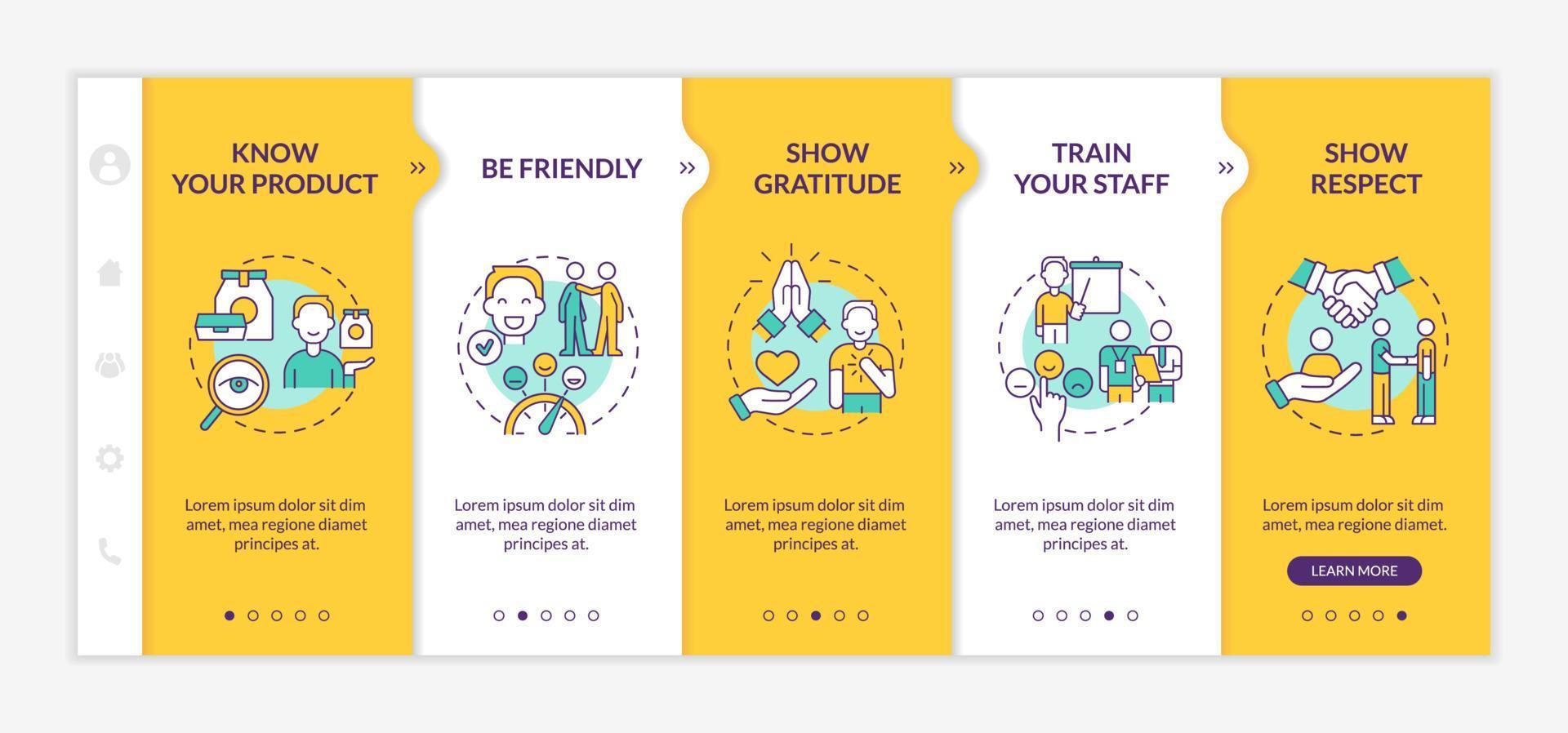plantilla de incorporación amarilla de servicio al cliente. excelente atención al cliente. sitio web móvil receptivo con iconos de concepto lineal. Tutorial de página web Pantallas de 5 pasos. lato-negrita, fuentes regulares utilizadas vector