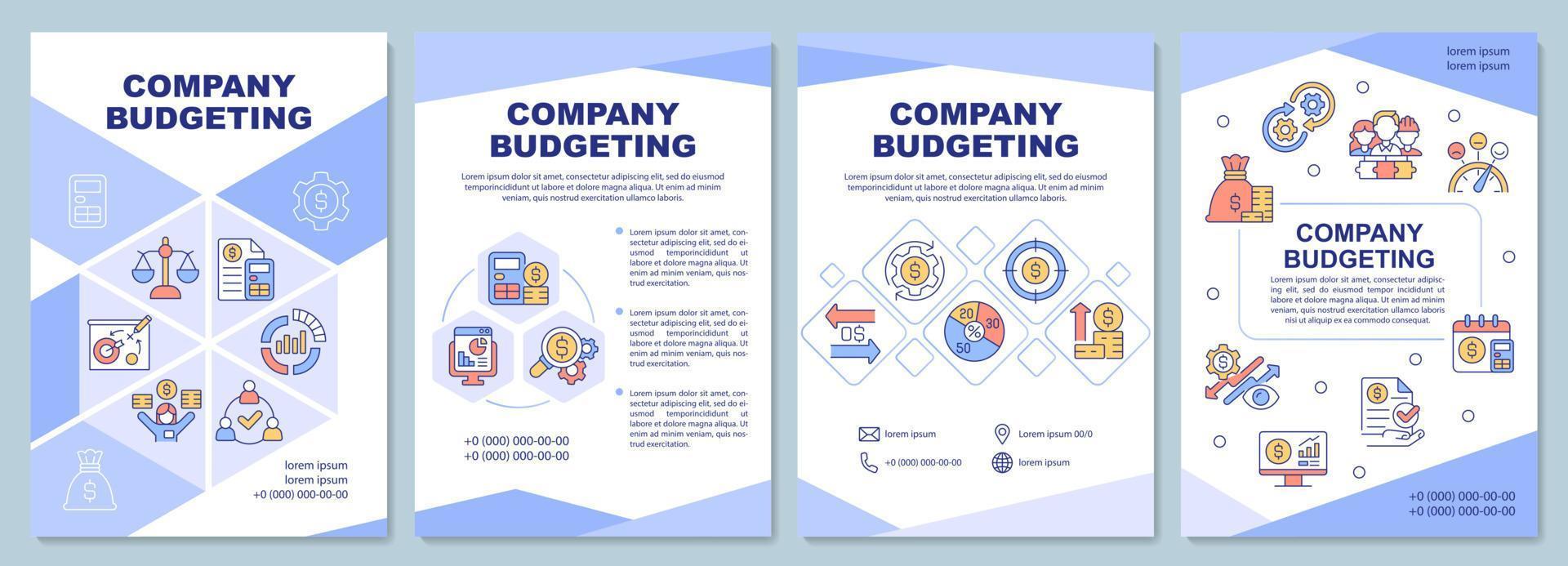 Company budgeting brochure template. Financial projection. Booklet print design with linear icons. Vector layouts for presentation, annual reports, ads. Arial-Black, Myriad Pro-Regular fonts used