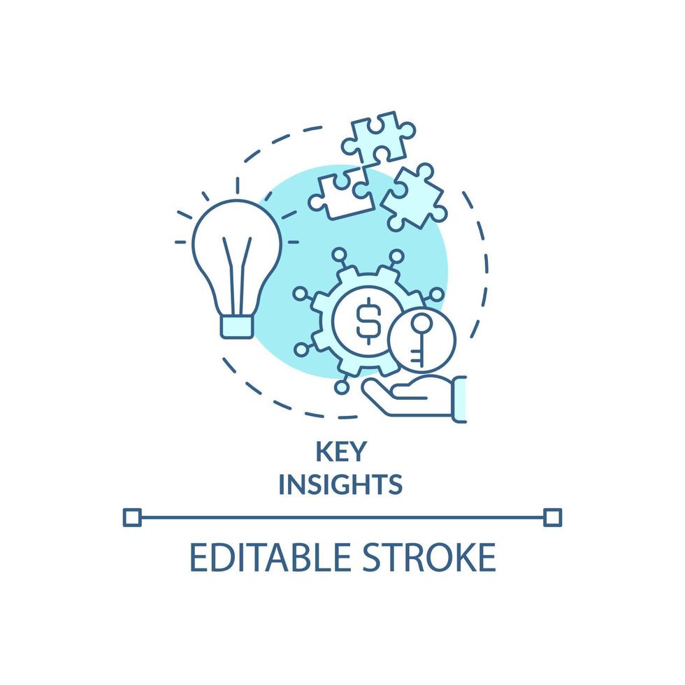 Key insights turquoise concept icon. Identifying cost savings abstract idea thin line illustration. Analyzing data. Isolated outline drawing. Editable stroke. Roboto-Medium, Myriad Pro-Bold fonts used vector