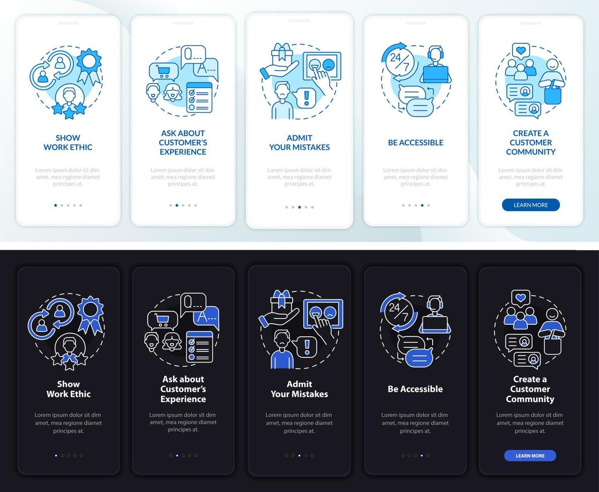 Customer service tips night and day mode onboarding mobile app screen. Walkthrough 5 steps graphic instructions pages with linear concepts. UI, UX, GUI template. Myriad Pro-Bold, Regular fonts used vector