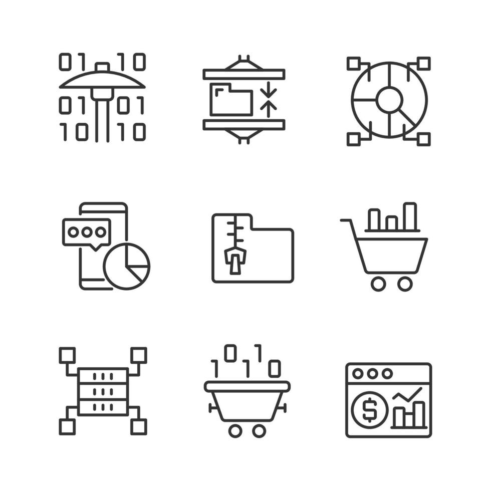 Data mining processes linear pixel perfect icons set. Machine learning. Analyze and storage data. Science and technology. Customizable thin line contour symbols. Isolated vector outline illustrations