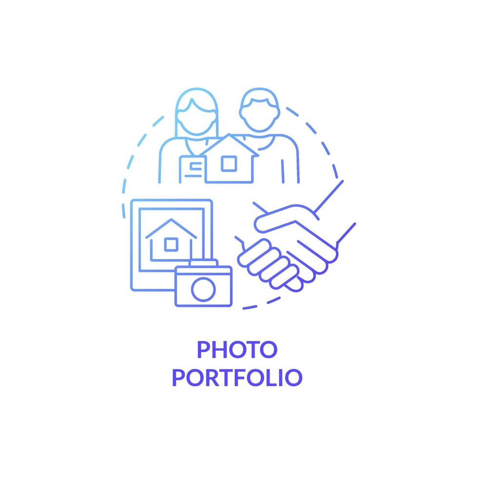Photo portfolio blue gradient concept icon. Rental estate ads. Property management abstract idea thin line illustration. Isolated outline drawing. Roboto-Medium, Myriad Pro-Bold fonts used vector