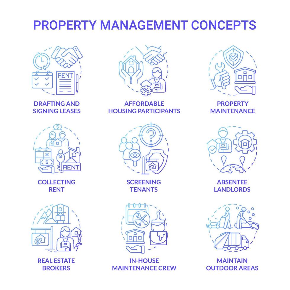 conjunto de iconos de concepto de gradiente azul de administración de propiedades. idea de servicio de agencia inmobiliaria ilustraciones en color de línea delgada. dibujos de contorno aislados. roboto-medium, innumerables fuentes pro-bold utilizadas vector