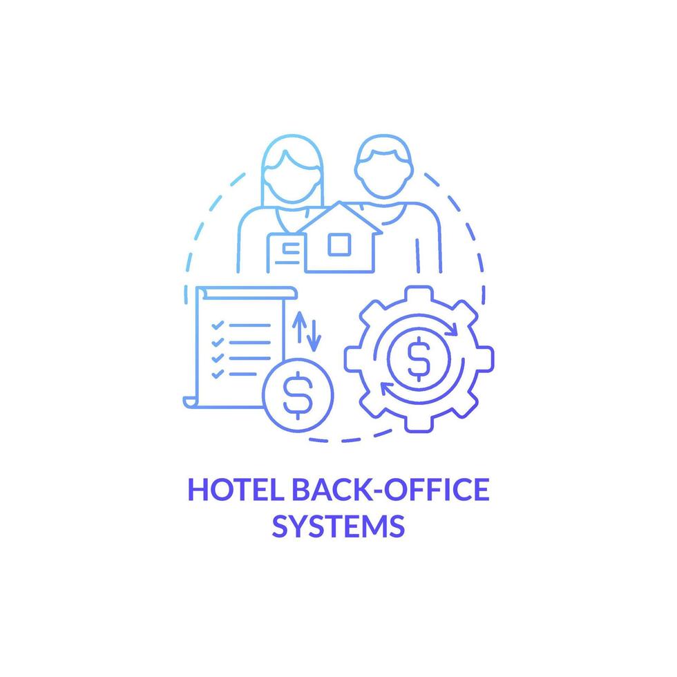 icono de concepto de degradado azul de los sistemas administrativos del hotel. Ilustración de línea fina de idea abstracta de optimización de gestión de propiedades. dibujo de contorno aislado. roboto-medium, innumerables fuentes pro-bold utilizadas vector