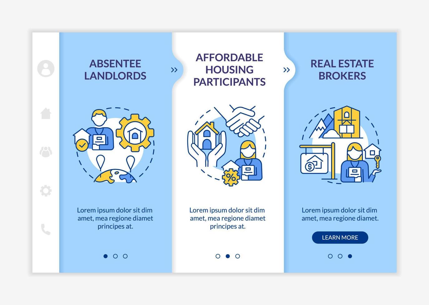 Property managers customers blue and white onboarding template. Real estate. Responsive mobile website with linear concept icons. Web page walkthrough 3 step screens. Lato-Bold, Regular fonts used vector