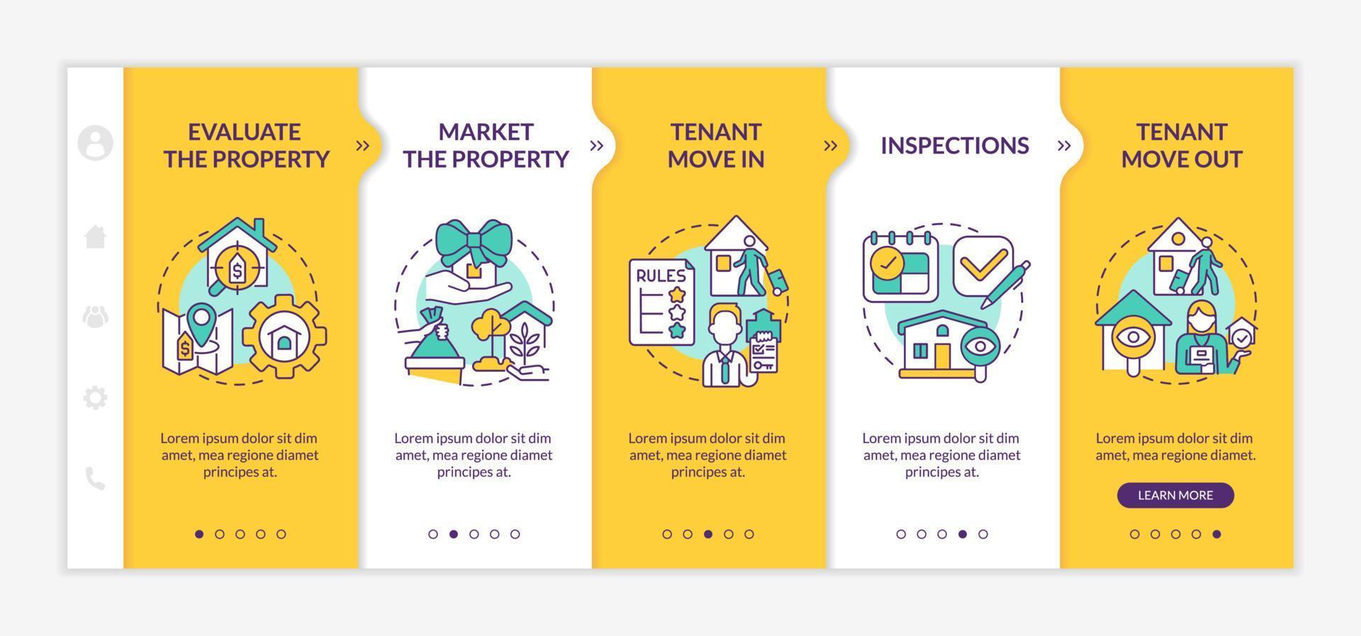 Property management operations yellow onboarding template. Rental business. Responsive mobile website with linear concept icons. Web page walkthrough 5 step screens. Lato-Bold, Regular fonts used vector