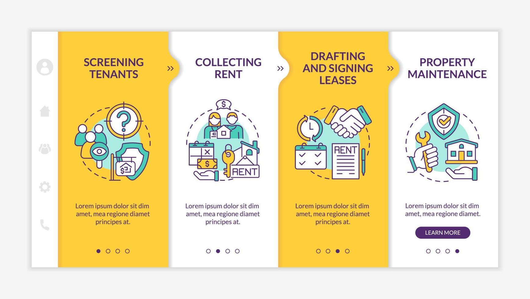 Responsibilities of property manager yellow onboarding template. Agency work. Responsive mobile website with linear concept icons. Web page walkthrough 4 step screens. Lato-Bold, Regular fonts used vector