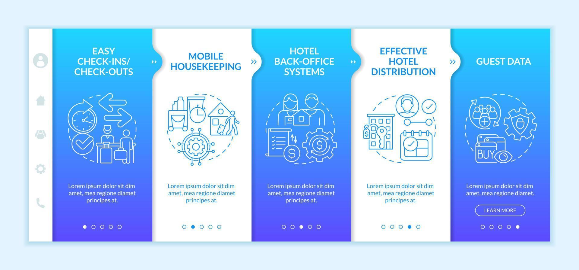 Property management systems in hotels blue gradient onboarding template. Responsive mobile website with linear concept icons. Web page walkthrough 5 step screens. Lato-Bold, Regular fonts used vector