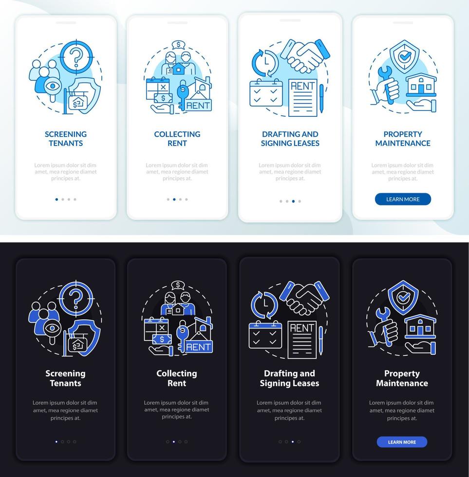 pantalla de la aplicación móvil de incorporación del modo día y noche del administrador de propiedades. funciona tutorial 4 pasos páginas de instrucciones gráficas con conceptos lineales. interfaz de usuario, ux, plantilla de interfaz gráfica de usuario. innumerables fuentes pro-negrita y regulares utilizadas vector