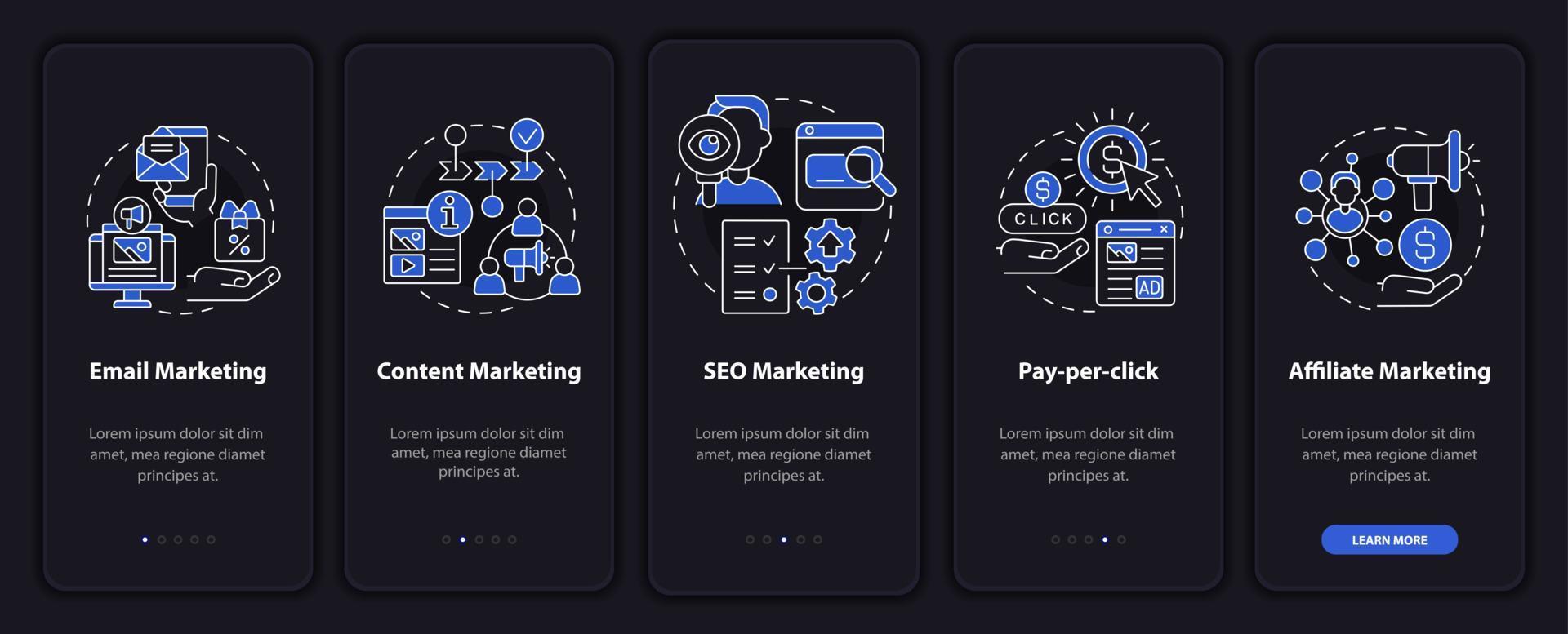 Marketing strategies night mode onboarding mobile app screen. Business walkthrough 5 steps graphic instructions pages with linear concepts. UI, UX, GUI template. Myriad Pro-Bold, Regular fonts used vector