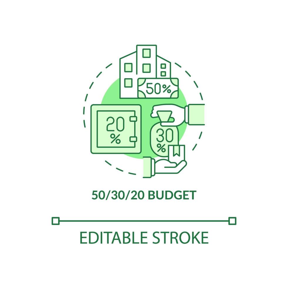 cincuenta treinta veinte regla presupuesto icono de concepto verde. planificación financiera idea abstracta ilustración de línea delgada. dibujo de contorno aislado. trazo editable. roboto-medium, innumerables fuentes pro-bold utilizadas vector