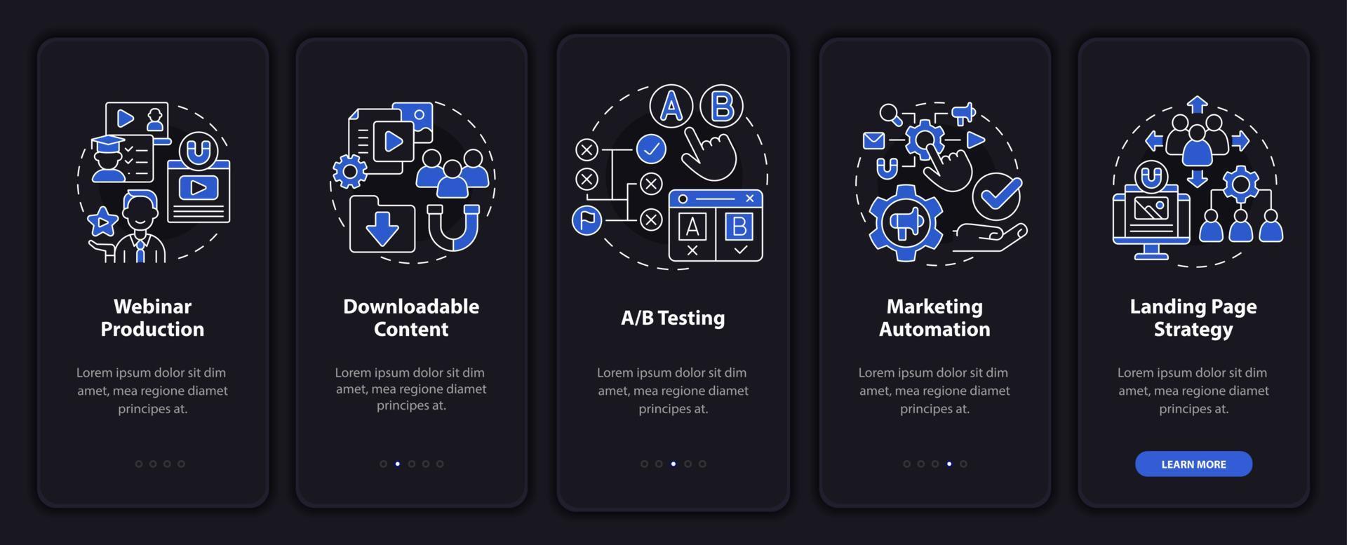 Digital marketing night mode onboarding mobile app screen. Online promo walkthrough 5 steps graphic instructions pages with linear concepts. UI, UX, GUI template. Myriad Pro-Bold, Regular fonts used vector
