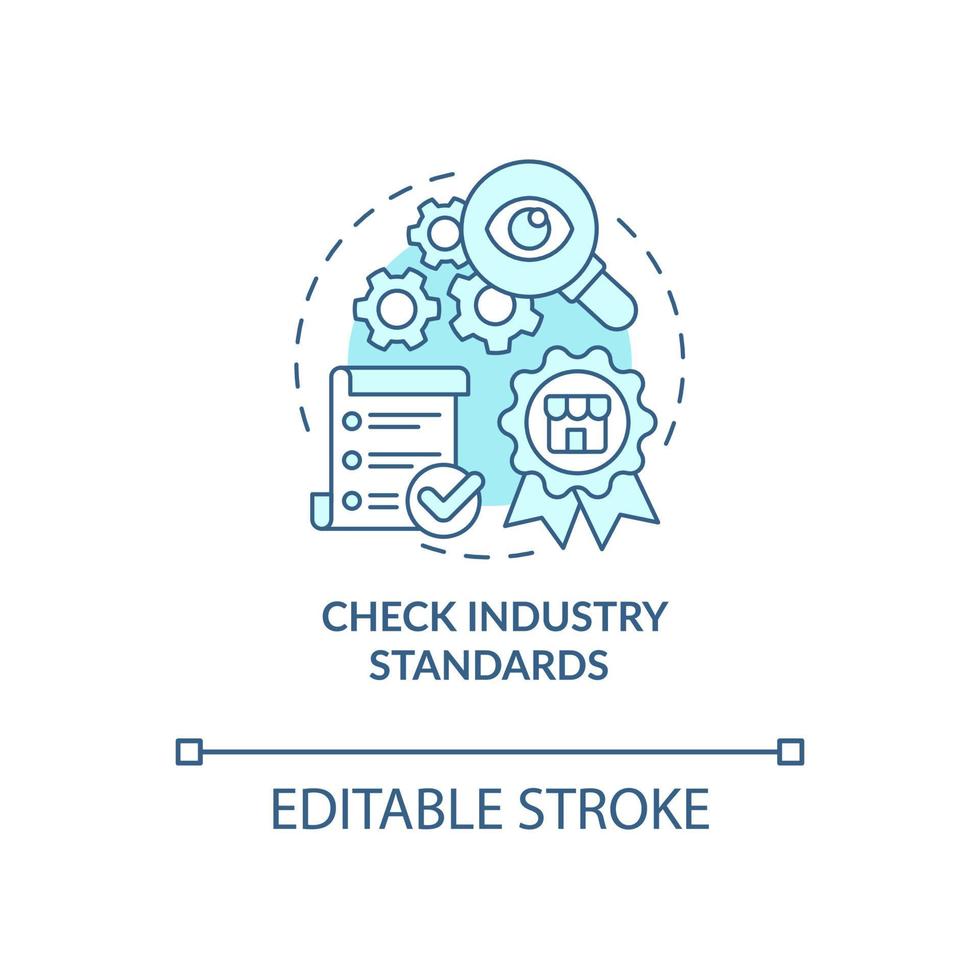 Check industry standards turquoise concept icon. Research and analyze abstract idea thin line illustration. Isolated outline drawing. Editable stroke. Roboto-Medium, Myriad Pro-Bold fonts used vector