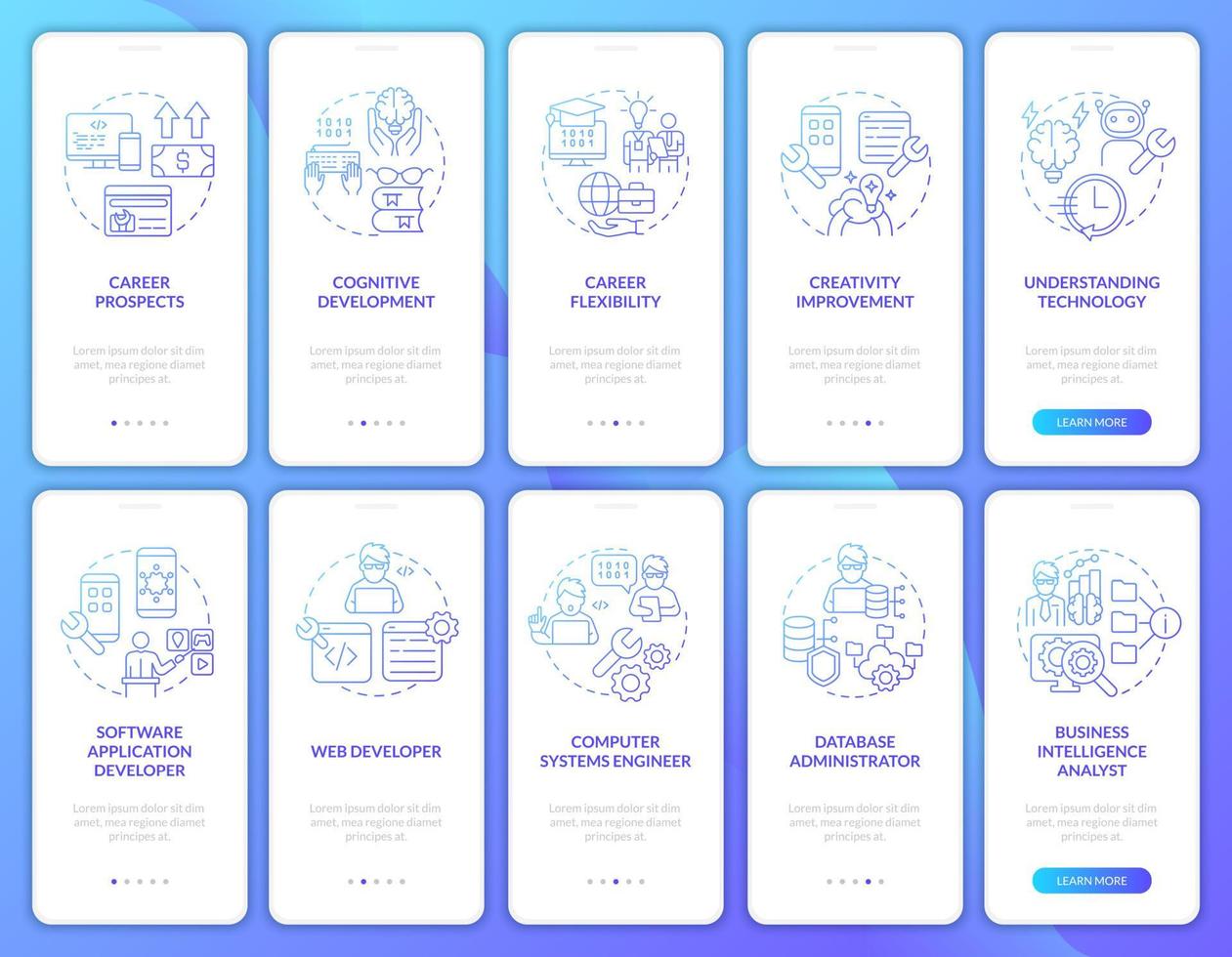 Coding concepts blue gradient onboarding mobile app screen set. Developer walkthrough 5 steps graphic instructions pages with linear concepts. UI, UX, GUI template. Myriad Pro-Bold, Regular fonts used vector