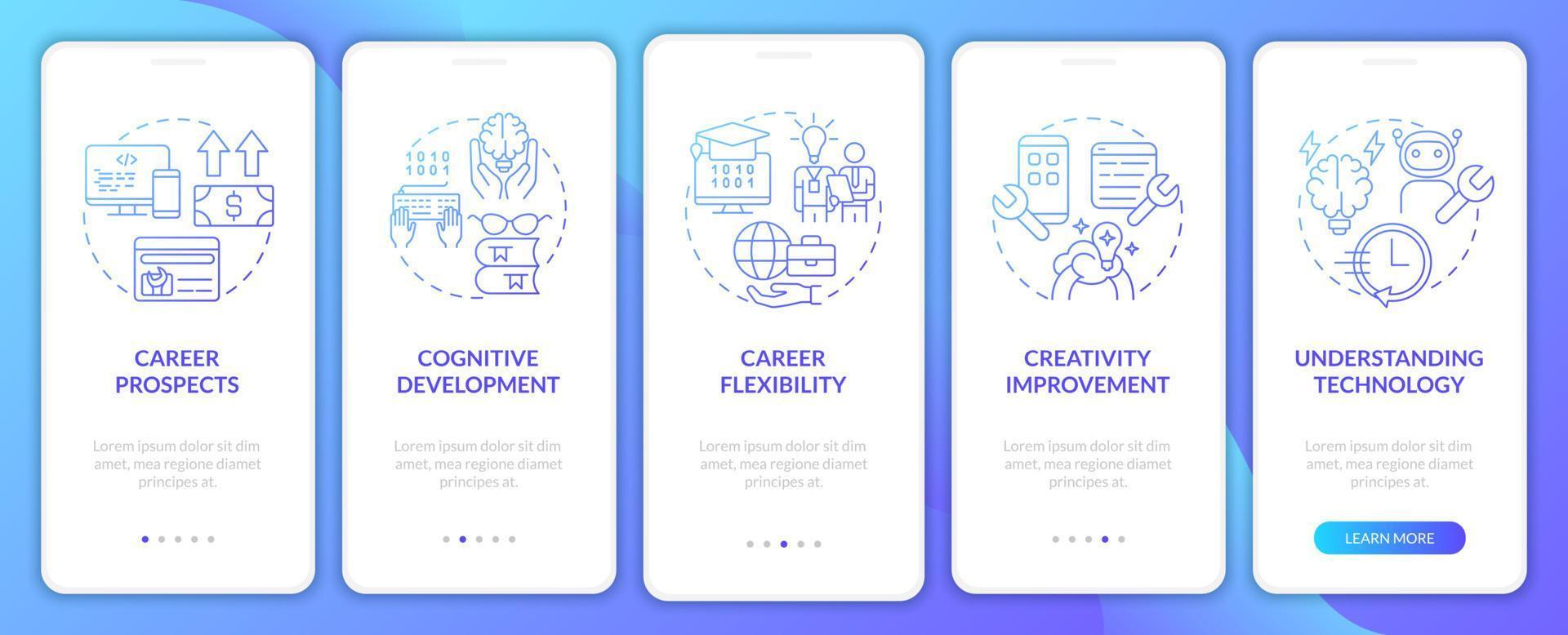 Why to learn to code blue gradient onboarding mobile app screen. Tutoring walkthrough 5 steps graphic instructions pages with linear concepts. UI, UX, GUI template. Myriad Pro-Bold, Regular fonts used vector