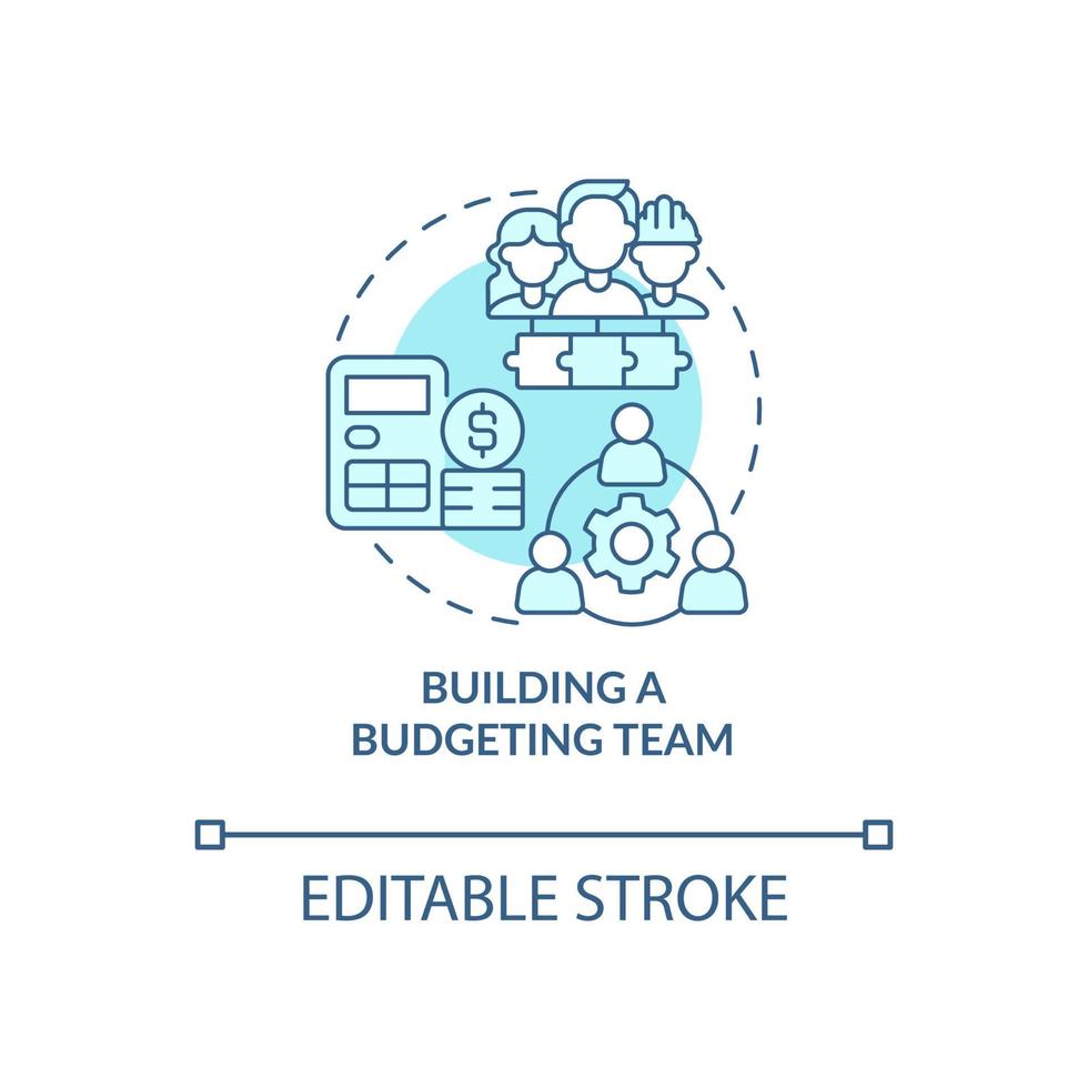 Building a budgeting team turquoise concept icon. Budget managing staff abstract idea thin line illustration. Isolated outline drawing. Editable stroke. Roboto-Medium, Myriad Pro-Bold fonts used vector