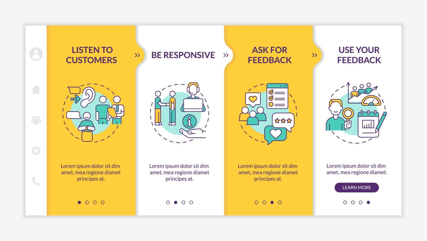 Customer support yellow onboarding template. Good assistance for client. Responsive mobile website with linear concept icons. Web page walkthrough 4 step screens. Lato-Bold, Regular fonts used vector
