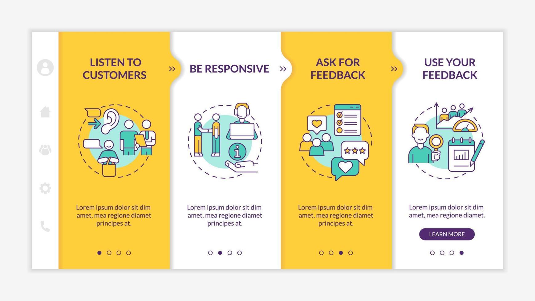 plantilla de incorporación amarilla de atención al cliente. buena asistencia para el cliente. sitio web móvil receptivo con iconos de concepto lineal. Tutorial de página web Pantallas de 4 pasos. lato-negrita, fuentes regulares utilizadas vector