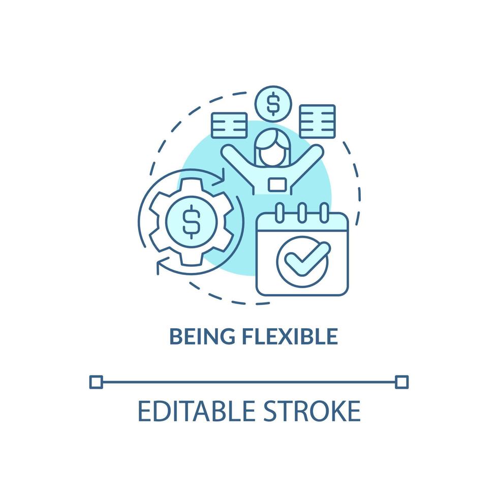 Being flexible turquoise concept icon. Revise and adjust. Financial plan abstract idea thin line illustration. Isolated outline drawing. Editable stroke. Roboto-Medium, Myriad Pro-Bold fonts used vector