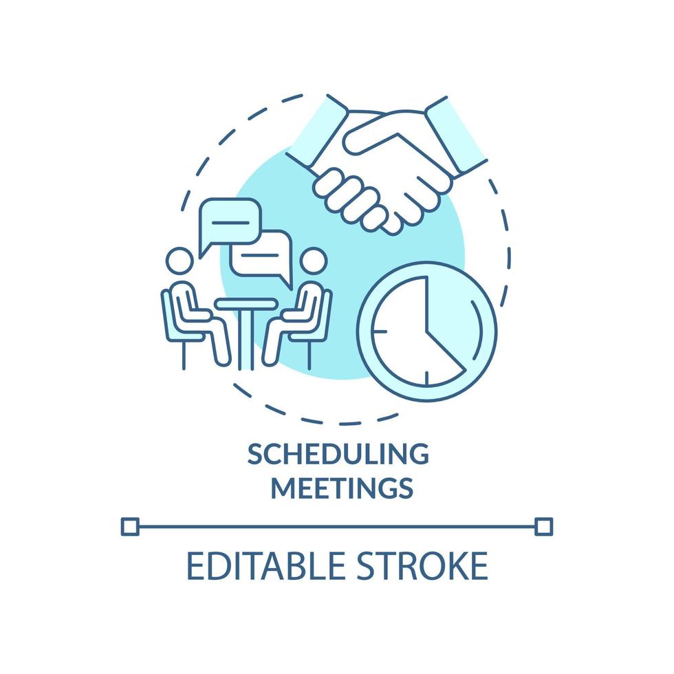 Scheduling meetings turquoise concept icon. Coordinate calendars abstract idea thin line illustration. Isolated outline drawing. Editable stroke. Roboto-Medium, Myriad Pro-Bold fonts used vector