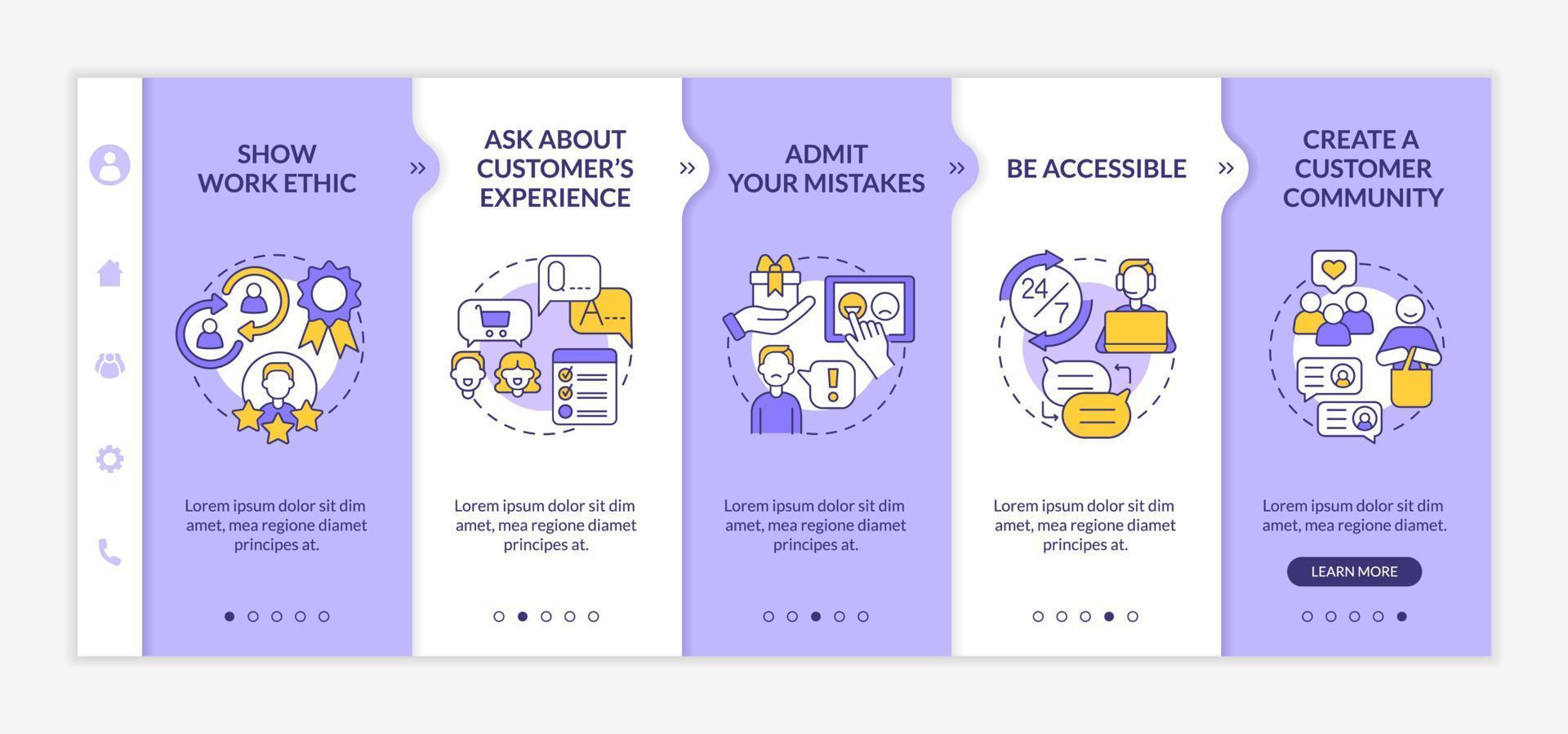 Customer service tips purple and white onboarding template. Good client support. Responsive mobile website with linear concept icons. Web page walkthrough 5 step screens. Lato-Bold, Regular fonts used vector