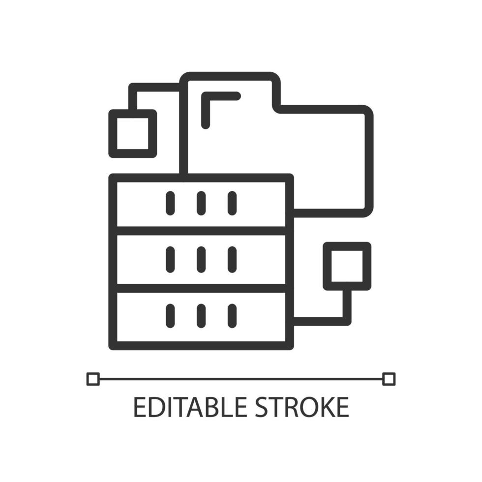 Dataset virtual storage linear pixel perfect icon. Digital warehousing. Thin line customizable illustration. Contour symbol. Vector isolated outline drawing. Editable stroke. Arial font used