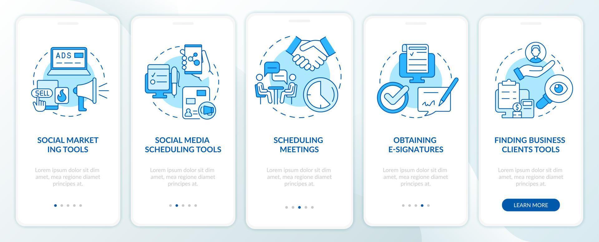 Business tools for entrepreneurs blue onboarding mobile app screen. Walkthrough 5 steps graphic instructions pages with linear concepts. UI, UX, GUI template. Myriad Pro-Bold, Regular fonts used vector