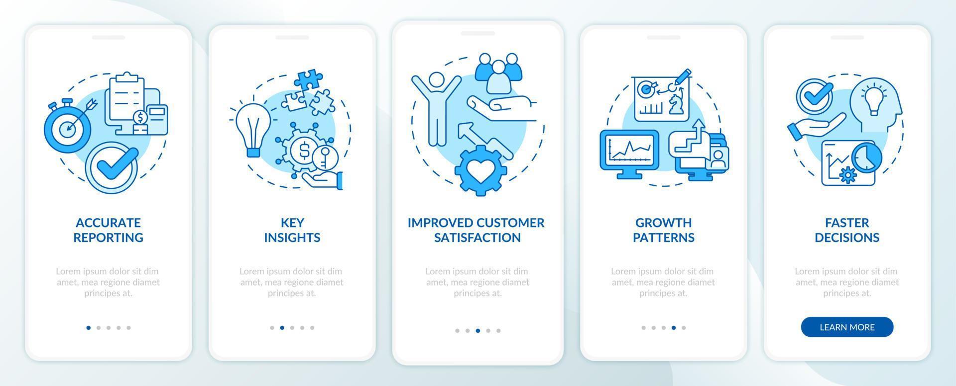 las herramientas comerciales se benefician de la pantalla azul de la aplicación móvil de incorporación. tutorial de patrón de crecimiento 5 pasos páginas de instrucciones gráficas con conceptos lineales. interfaz de usuario, ux, plantilla de interfaz gráfica de usuario. innumerables fuentes pro-negrita y regulares utilizadas vector