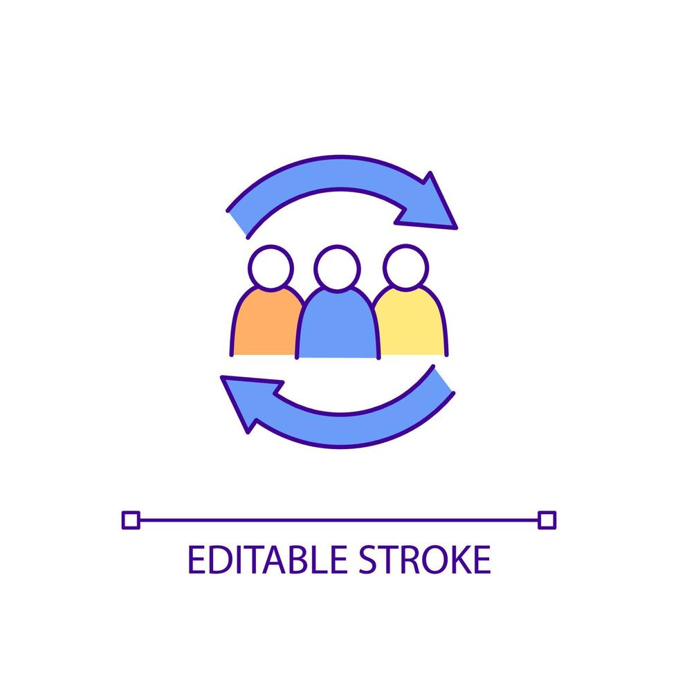 Sharing experience with group RGB color icon. Support group dynamics. Sharing stories with others. Isolated vector illustration. Simple filled line drawing. Editable stroke. Arial font used