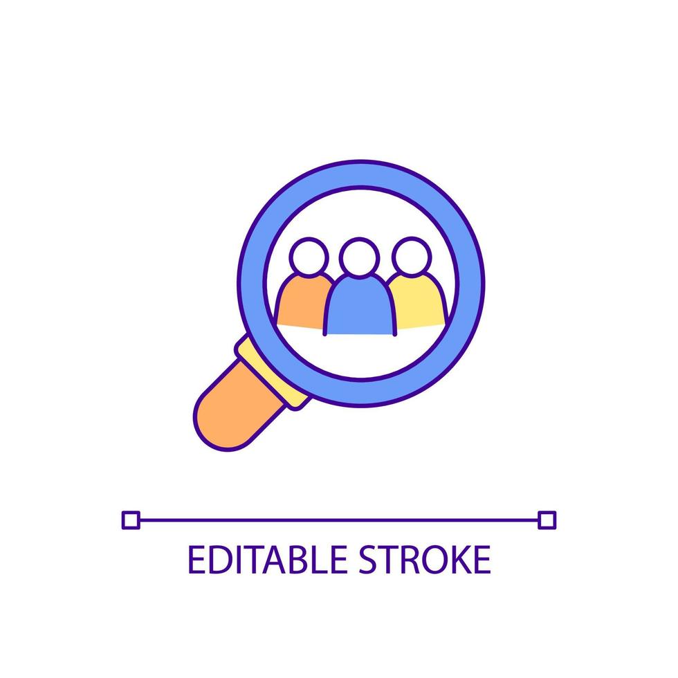 Target group analysis RGB color icon. Market research. Target audience assessment. Potential consumers. Isolated vector illustration. Simple filled line drawing. Editable stroke. Arial font used