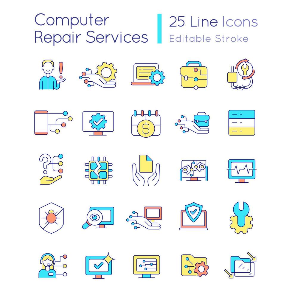 Computer maintenance RGB color icons set. Breakdowns repair. Hardware and software. Isolated vector illustrations. Simple filled line drawings collection. Editable stroke. Quicksand-Light font used