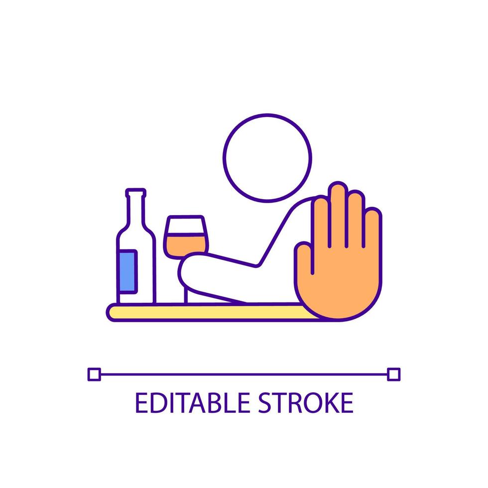 Alcohol abuse prevention RGB color icon. Deal with excessive alcohol consumption. Heavy drinking treatment. Isolated vector illustration. Simple filled line drawing. Editable stroke. Arial font used