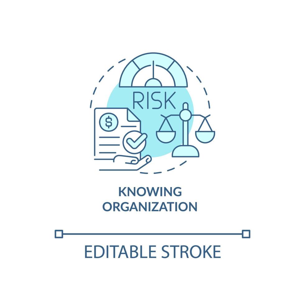 conociendo el icono del concepto turquesa de la organización. riesgo financiero de la empresa idea abstracta ilustración de línea delgada. dibujo de contorno aislado. trazo editable. roboto-medium, innumerables fuentes pro-bold utilizadas vector