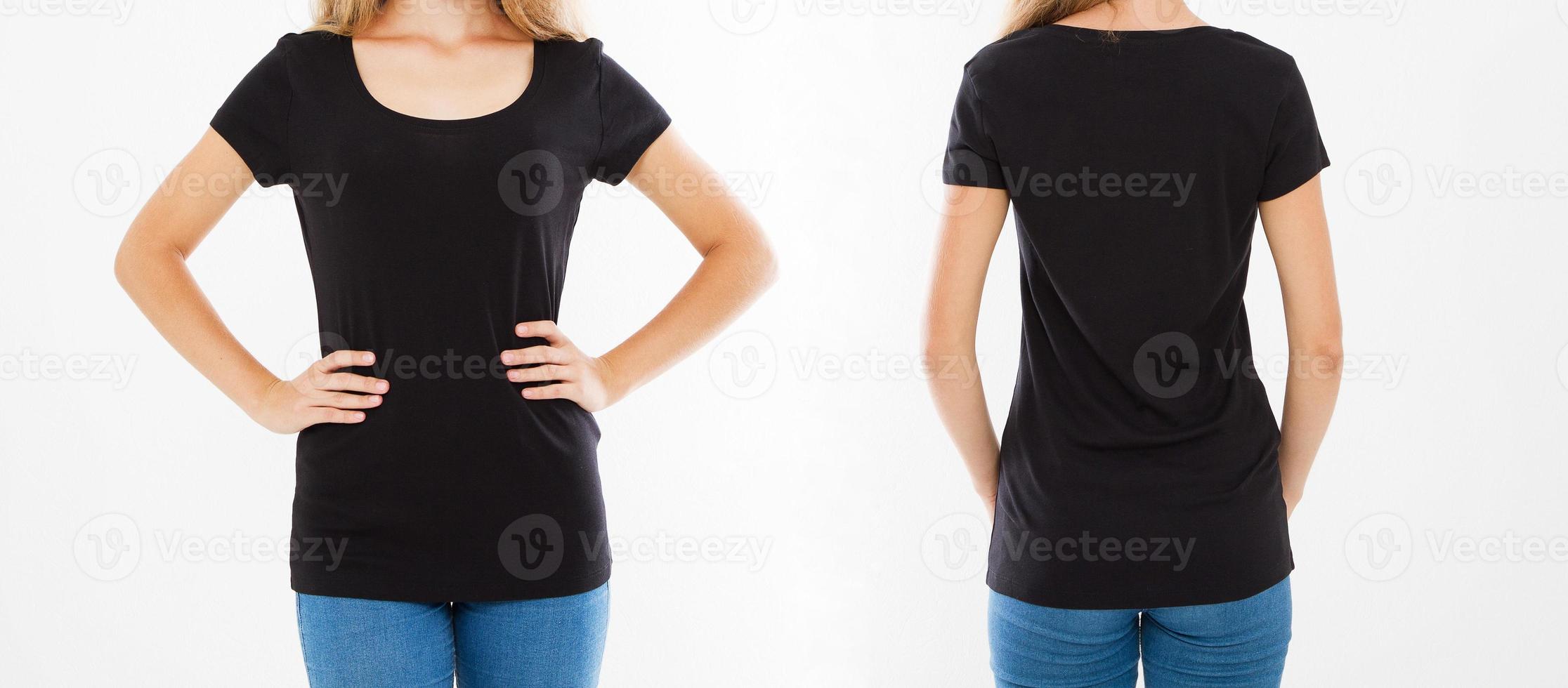 cropped portrait set,collage woman in black t shirt, front and back views,copy space photo