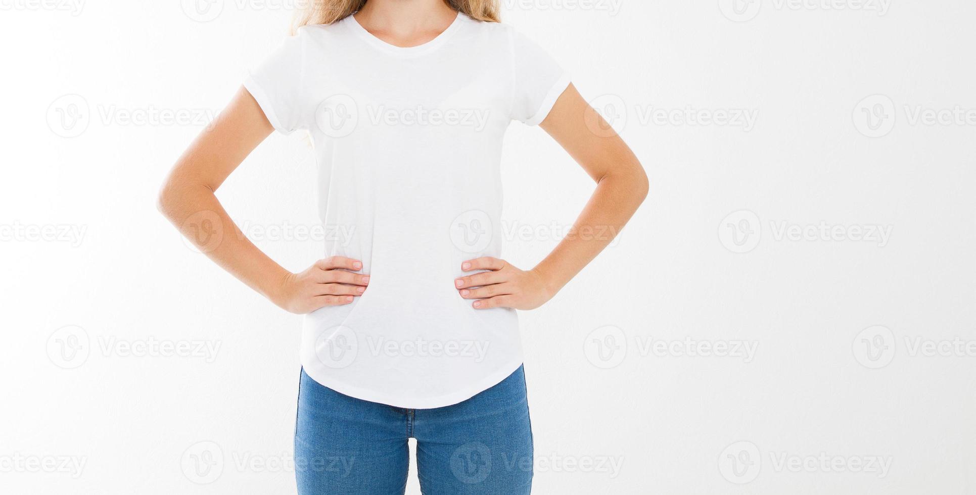 young caucasian, europian woman, girl in blank white t-shirt. t shirt design and people concept. Shirts front view isolated on white background. Mock up. Copy space. photo