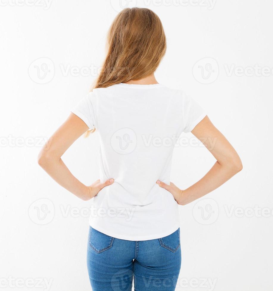 back view woman, girl in blank white t-shirt. t shirt design and people concept. Shirts front view isolated on white background, mock up, copy space photo