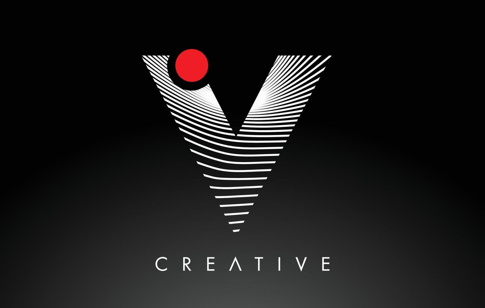 V Letter Logo with Red Dot Circle and Warp Lines Design Vector