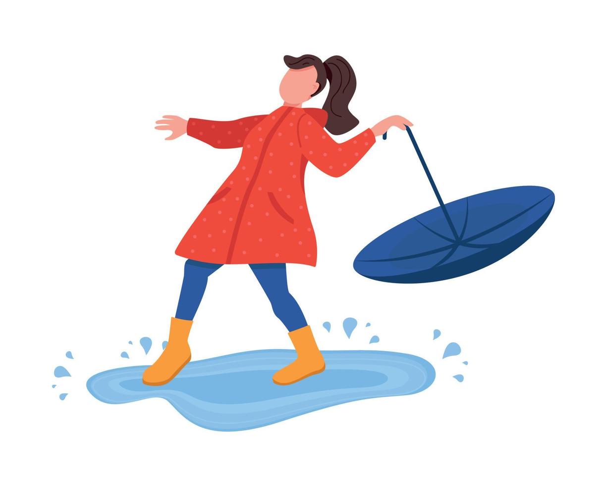 Girl with umbrella playing in puddle semi flat color vector character