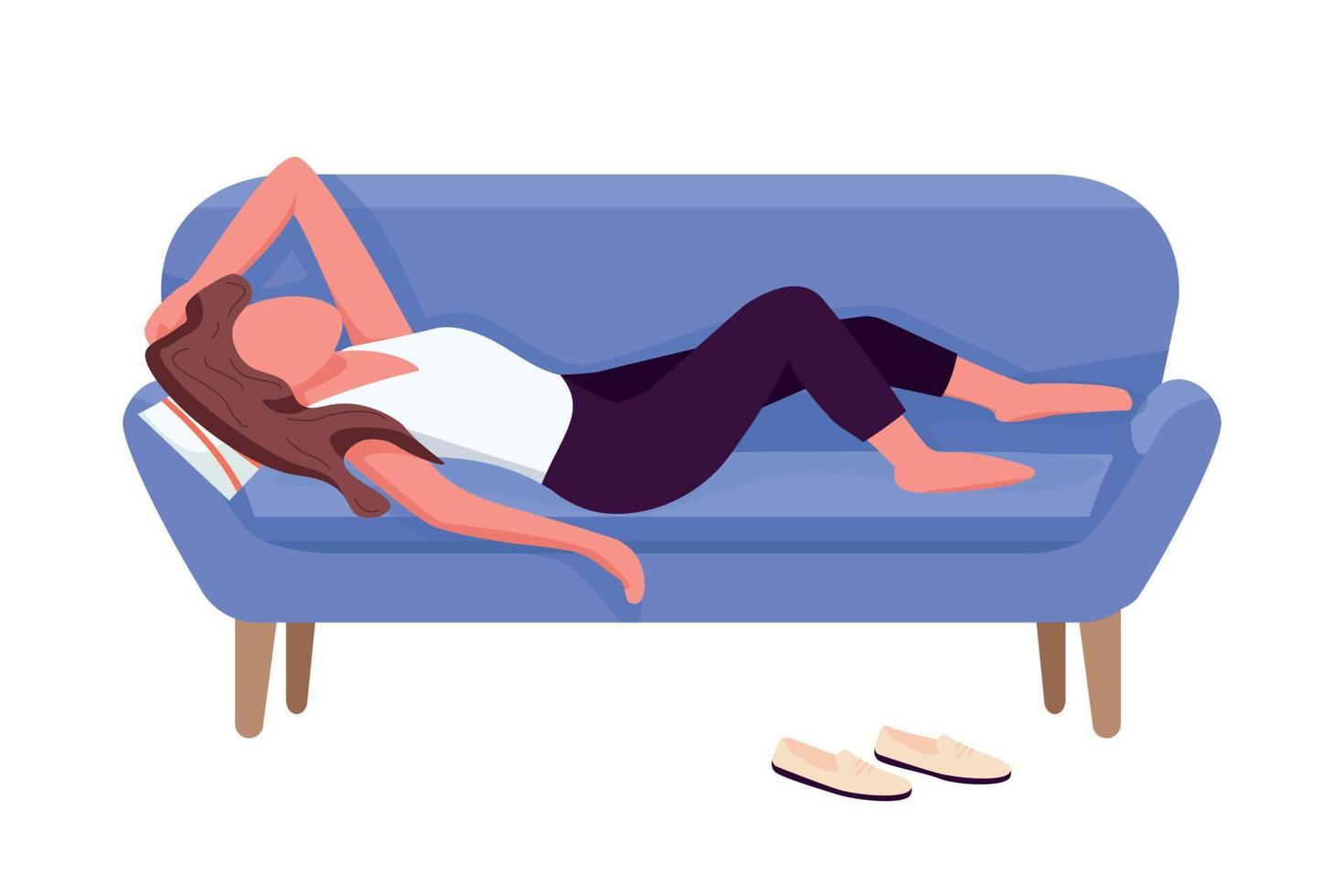 Tired woman on couch semi flat color vector character