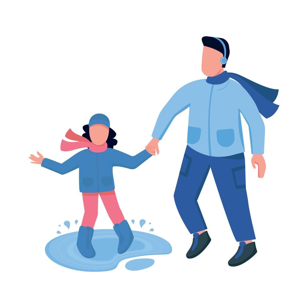 Dad play with daughter in rain semi flat color vector characters