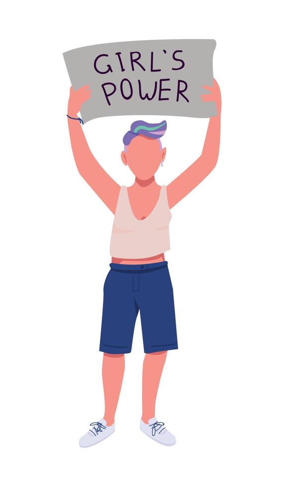 Woman with girl power placard semi flat color vector character