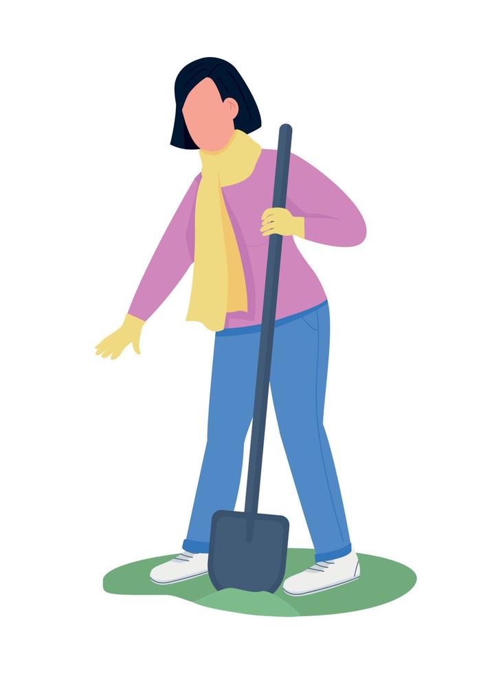 Woman shoveling in winter semi flat color vector character